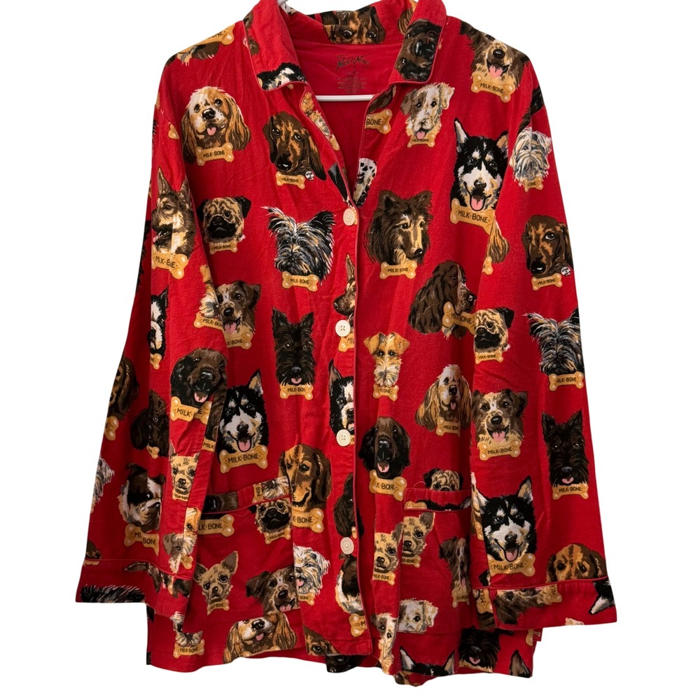 Nick & Nora Womens Large‎ Red Dog Milk-Bone Print Cotton Pajama Top Button Up
